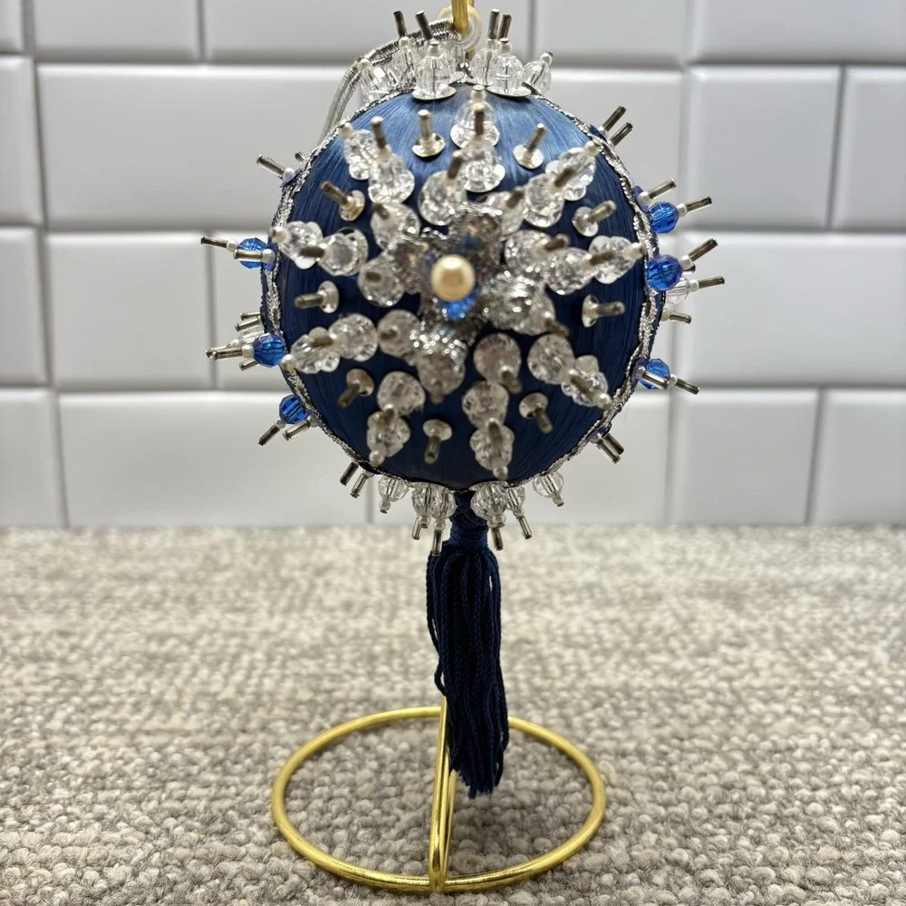Vtg Silky Blue Christmas Ornament ‎ Pin Satin Beaded With Tassel Unique